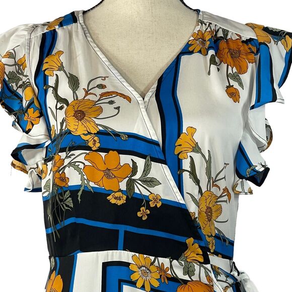 Gigi Parker X-Small Hi-Low Wrap Dress Floral Scarf V-Neck Ruffled Cap Sleeve New - Picture 2 of 13